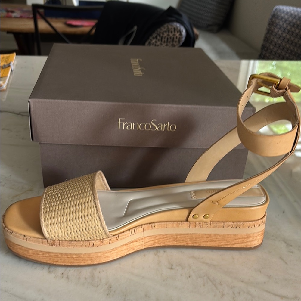 Franco Sarto Beige Woven Platform Sandals with Ankle Strap